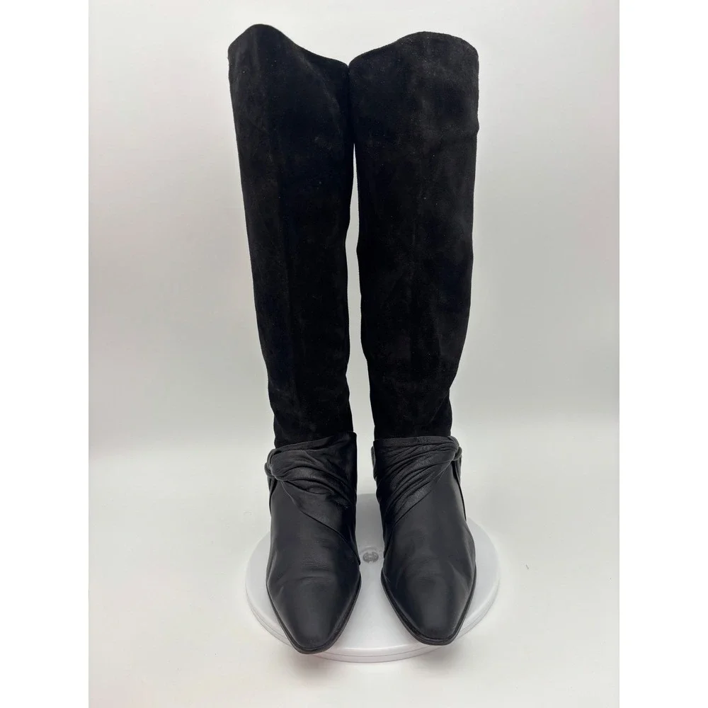 VINTAGE NICKELS Tall Riding Boot Black Leather Suede Knee High‎ Point Toe Shoe 7